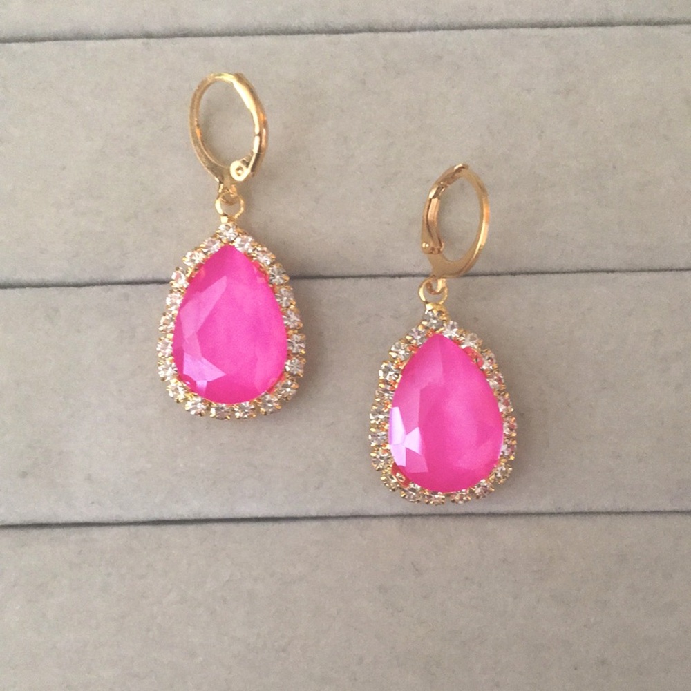 Hot Pink + Gold Crystal Halo Pear Drop Earrings - Picture 4 of 7